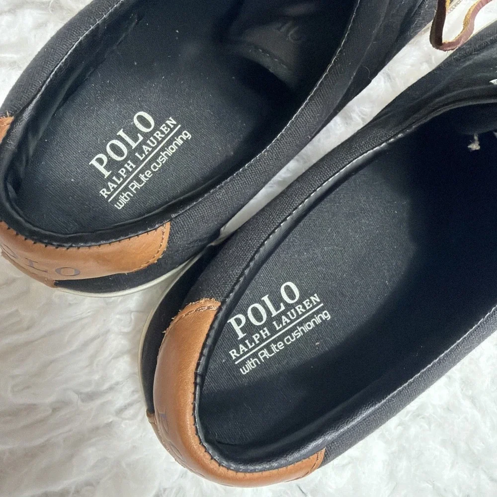 POLO RALPH LAUREN Thornton Canvas Boat Shoes Deck Leather Laces Black Brown 11.5